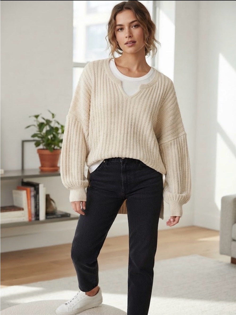 BDG Cream Ribbed Scoop‑Neck Balloon‑Sleeve Sweater